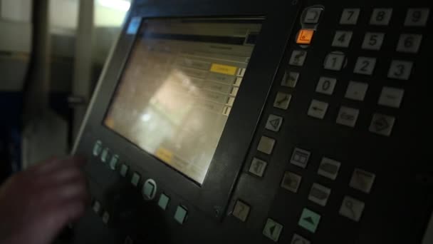 Employee Works Equipment Panel Production Room Employee Presses Panels Buttons — Stock Video