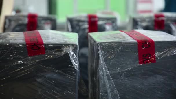 Safes Packed Polyethylene Film Foreground Two Safes Warehouse Safes Visible — Stock Video
