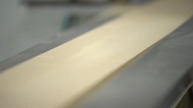Makinede kaideler için preparatlar vererek çekim. Bir atış büyük ölçüde hazırlık kısımlarında. Üzerinde çalışan yüzleri görülebilir. Konveyör. Üretim. Doğal aydınlatma. Yakın çekim.