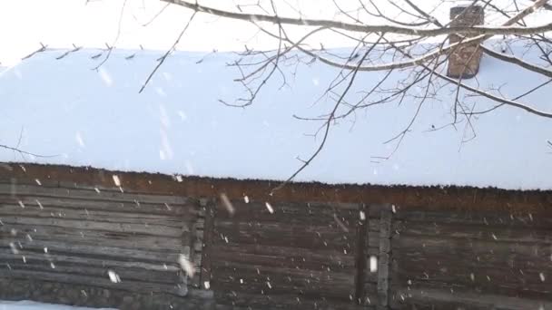 Snörik vinter scen i staden. snöfall i liten gata med färgglada trähus — Stockvideo