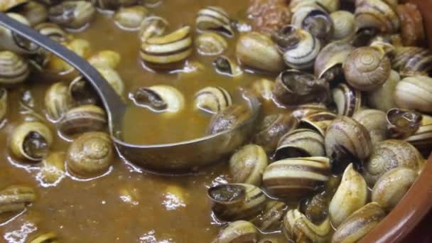 Τηγάνι με μαγειρεμένα σαλιγκάρια στην αγορά τα σουκ του Μαρακές — Αρχείο Βίντεο