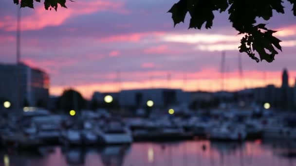 Wunderschöner Sonnenuntergang über den Docks mit vielen Luxusyachten, die am Pier anlegen, verschwommen. — Stockvideo