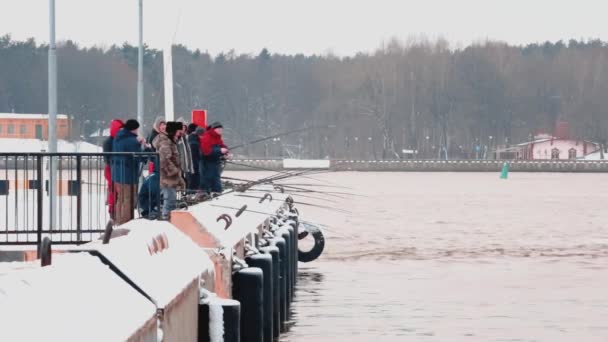 Ventspils, Letonia. - 10 de diciembre de 2017: La gente de pie en el topo y mirando al puerto congelado — Vídeos de Stock