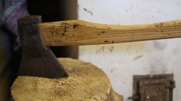 旧的生锈的斧头和老式的烤箱门 — 图库视频影像