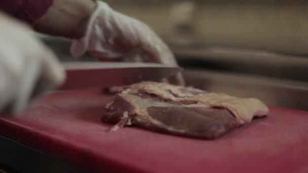 Mann schneidet Filet Mignon an Bord in der Restaurantküche. Koch bereitet frisches Fleisch zum Kochen zu. moderne Küche mit Kräutern und Gemüse — Stockvideo