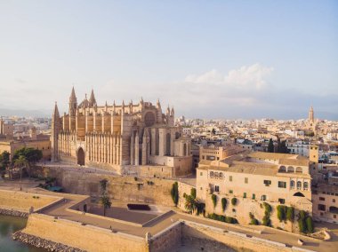 Barcelona, İspanya - 22 Ağustos 2018: Palma de Mallorca Katedrali, Balear Adaları, İspanya ile hava cityscape