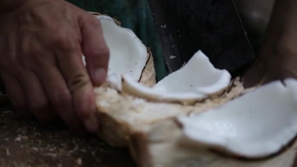 I coltelli da cocco puliscono le noci di cocco per cucinare . — Video Stock