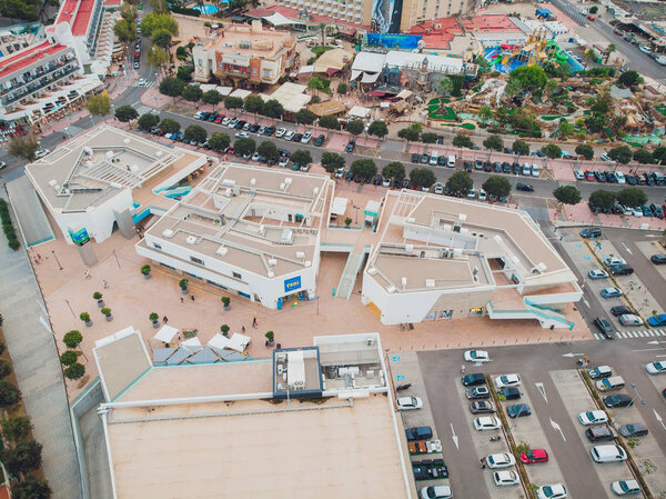 Aerial view Sants-Montjuic residential district from helicopter. Barcelona