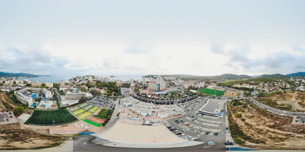 Foto virtual aérea esférica 360 Vista aérea Barrio residencial de Sants-Montjuic desde helicóptero. Barcelona —  Fotos de Stock