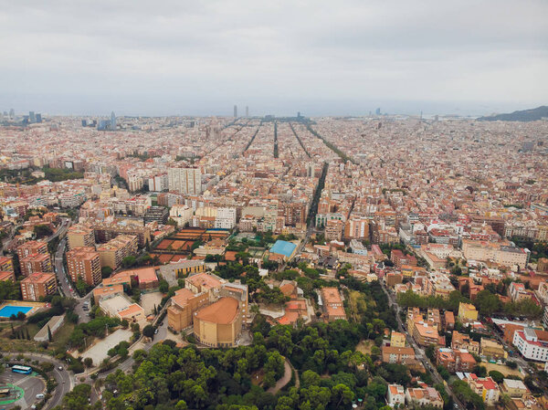 Aerial view Sants-Montjuic residential district from helicopter. Barcelona