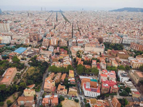 Aerial view Sants-Montjuic residential district from helicopter. Barcelona