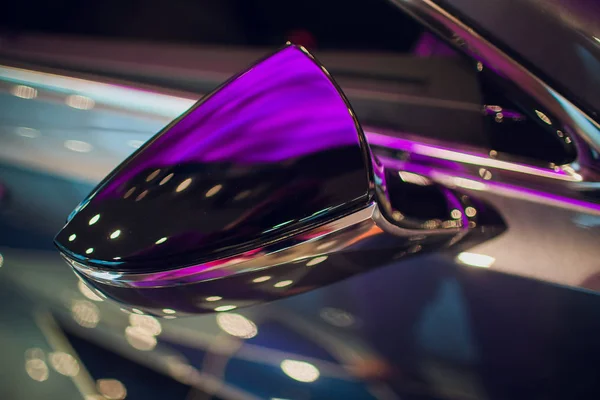 Side car mirror close-up. Details of silver car. — Stock Photo, Image