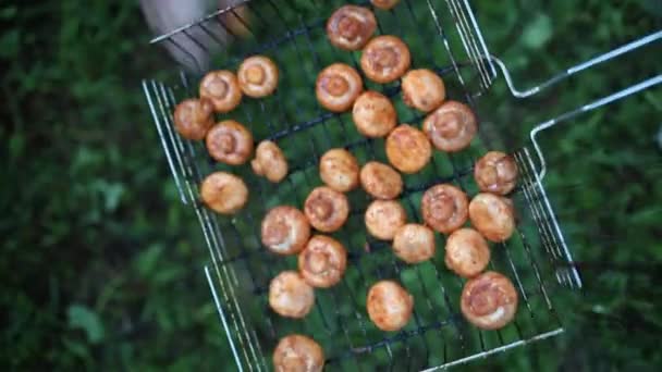 Cogumelos marrom champignon poribello cozido na grelha ou churrasco, e pequenas gotas de água. Preparação cogumelos na grelha Portiballo conservado em escabeche. Legumes fritos na grelha closeup . — Vídeo de Stock