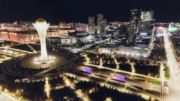 the city of Almaty, Kazakhstan. Aerial night.