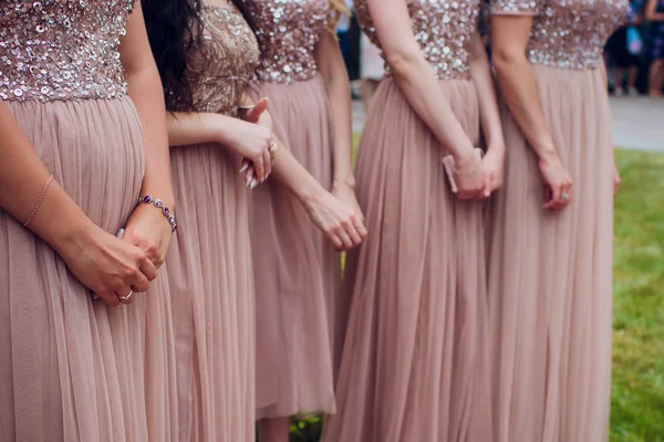 Dama de honra gloriosa em vestidos rosa — Fotografia de Stock