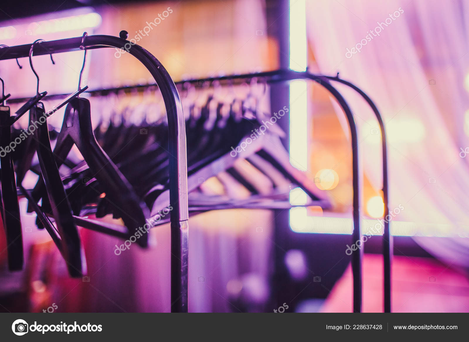 Stock Of Empty Clothes Hanger In Wardrobe Wooden Coat