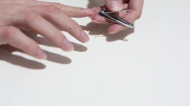 Långfinger naglar och smutsiga. Det är dags att skära med en nagelklippare. Isolerad på vit bakgrund. — Stockvideo