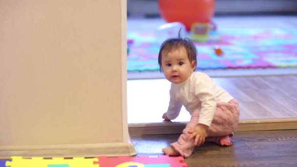 Side View Cute Little Girl Sits Holds Colorful Puzzle Play — Stock Video