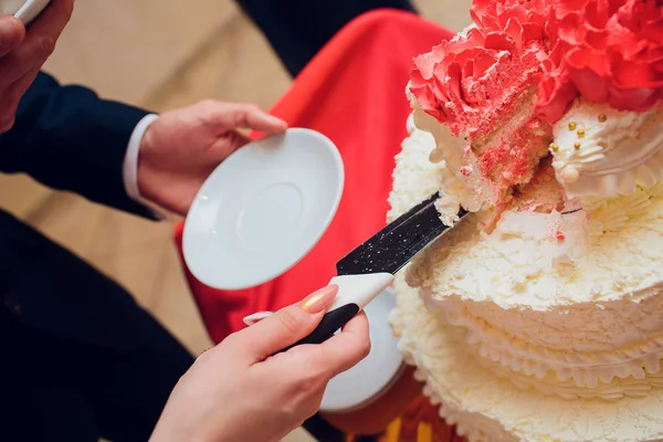 Жених и невеста режут свадебный торт — стоковое фото