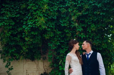 Kısa saç kesimi ve şık bir damat ile gelin parkta yürüyüş.