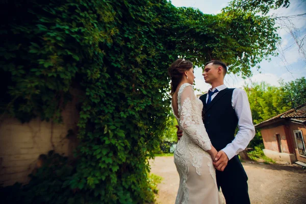 Uma noiva com um corte de cabelo curto e um noivo elegante estão andando no parque . — Fotografia de Stock