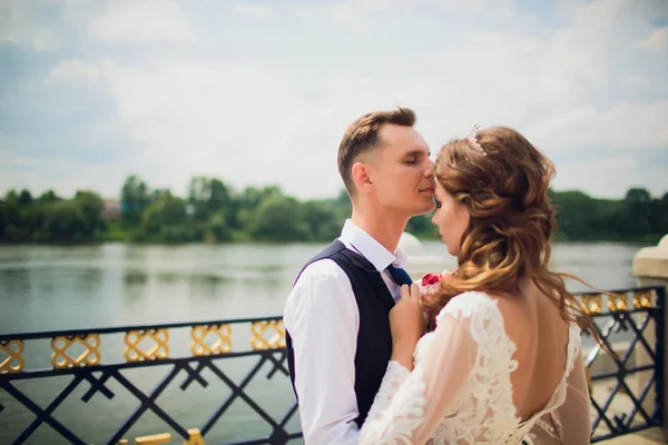 Elegante novia y novio posando en el fondo del río . —  Fotos de Stock