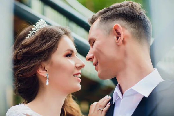 Beautiful bride and groom embracing and kissing on their wedding day. — Stock Photo, Image