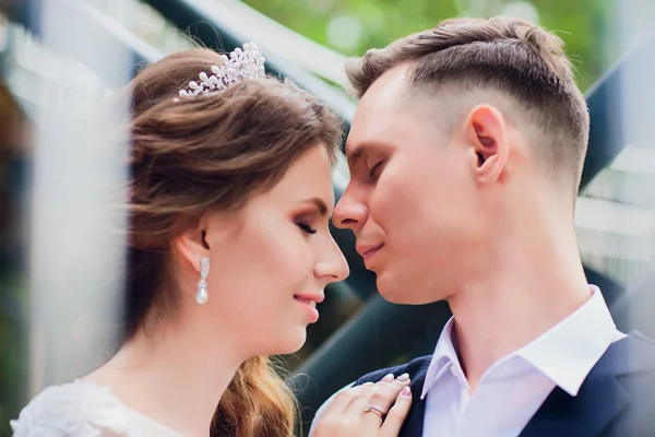 Bela noiva e noivo abraçando e beijando em seu dia do casamento. — Fotografia de Stock