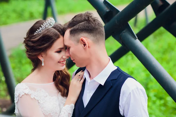 Beautiful bride and groom embracing and kissing on their wedding day. — Stock Photo, Image