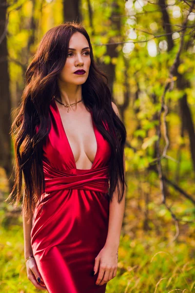 O femeie într-o rochie lungă, roşie, singură în pădure. Imagine fabuloasă și misterioasă a unei fete într-o pădure întunecată în soarele de seară. Apus de soare, prinţesa s-a pierdut . — Fotografie, imagine de stoc