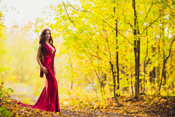 Woman in a long red dress alone in forest. Fabulous and mysterious image of a girl in a dark forest in the evening sun. Sunset, Princess got lost