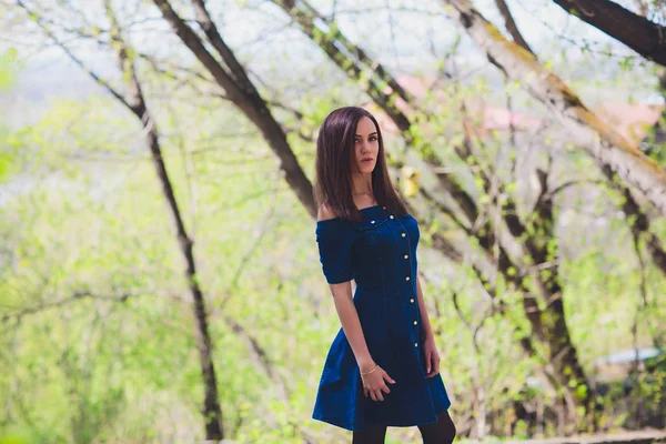 Mulher bonita em vestido azul posando na frente da câmera no fundo da natureza na floresta . — Fotografia de Stock