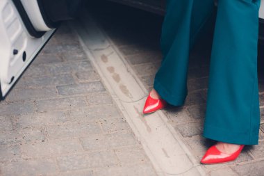 Lüks, iş araba güzel ince tabaklanmış kadın ayak bak