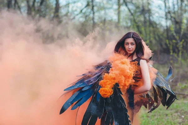 Fallen black angel with wings. Sexual woman. — Stock Photo, Image