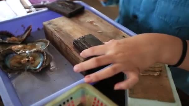 Pearl Farm où les plongeurs plongent des coquillages hors de la mer et cultivent des perles de culture images montre une coquille avec trois perles et une femme mettant une perle dans l'huître Vietnam Phu Quoc visite touristique 4k — Video