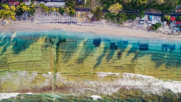 Surfista paseo en olas en la puesta de sol del océano, vista superior — Foto de Stock