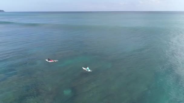 Surfista paseo en olas en la puesta de sol del océano, vista superior — Vídeos de Stock