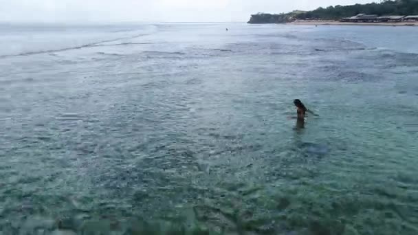 Vista aérea Mujer joven nadando en el mar azul en Bali — Vídeos de Stock