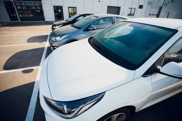 Autó értékesítés és a hitel ipar fogalmát. Sor új járművek raktáron. — Stock Fotó