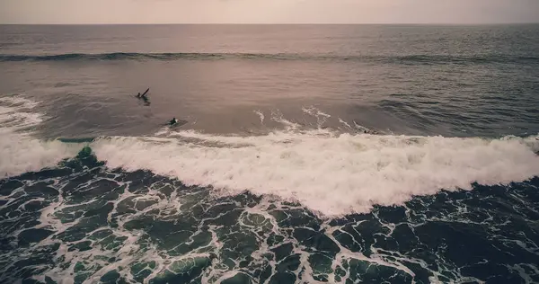 Légifelvételek szörfösök és a trópusi óceán hullám. Szemközti nézet — Stock Fotó