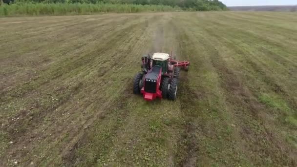 Zbliżenie na kombajn na polu pszenicy. Widok z lotu ptaka. — Wideo stockowe