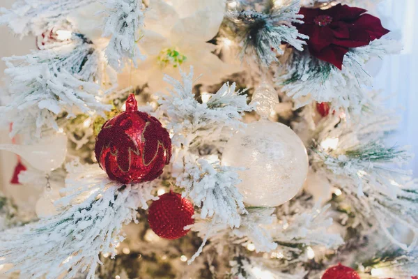 Christmas background - baubles and branch of spruce tree. — Stock Photo, Image