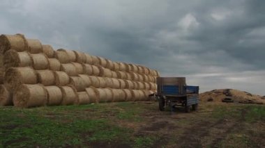 haystacks buğday alanında güzel mavi bulutlu gökyüzü altında.