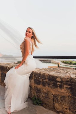 Güzel kız, uzun saçlı park Çin Seddi yakınındaki poz modeli.