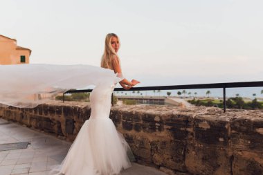 Güzel kız, uzun saçlı park Çin Seddi yakınındaki poz modeli.