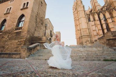 Güzel kız, uzun saçlı park Çin Seddi yakınındaki poz modeli.