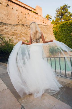 Güzel kız, uzun saçlı park Çin Seddi yakınındaki poz modeli.