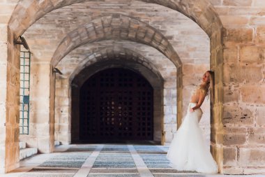 Güzel kız, uzun saçlı park Çin Seddi yakınındaki poz modeli.