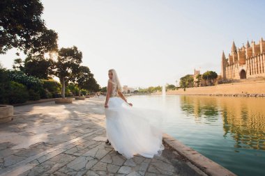 Güzel kız, uzun saçlı park Çin Seddi yakınındaki poz modeli.