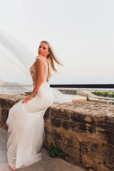 Hermosa chica, modelo con el pelo largo posando en el parque cerca de gran pared . — Foto de Stock